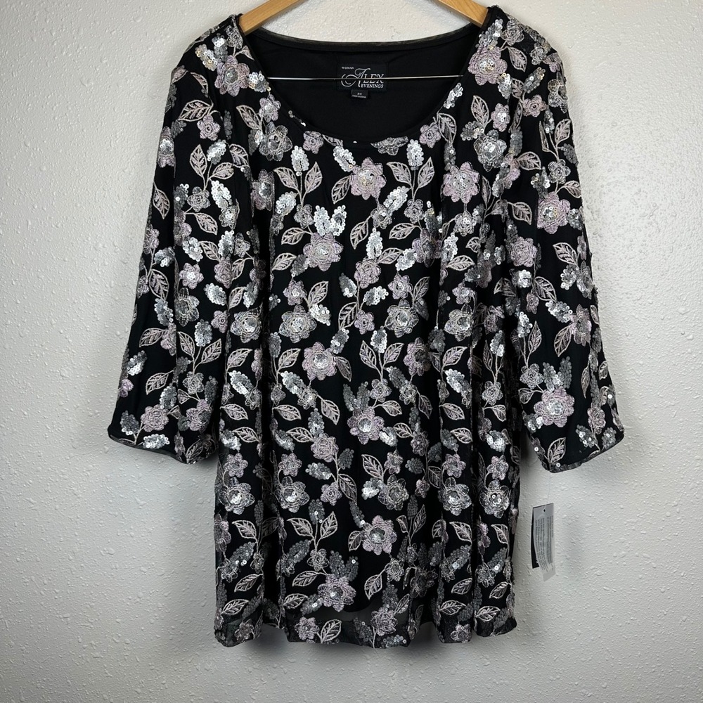 NEW Alex Evenings Sz 3X Blouse Top Floral Embroidered Sequins 3/4 Sleeve Formal
